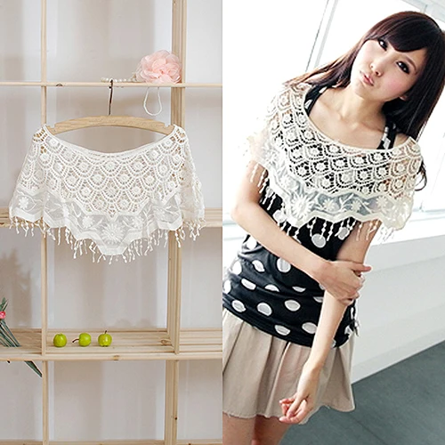 

Women's Sweet White Hollow Crochet Lace Tassels Knit Wide Collar Cape Shawl