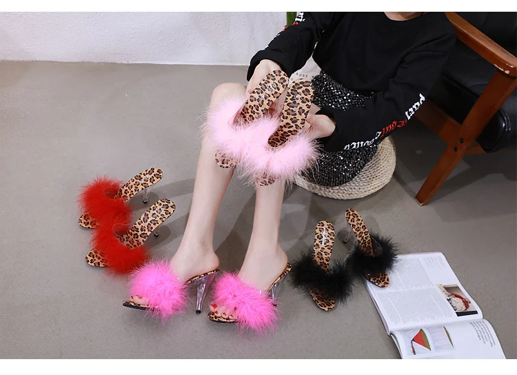 

4 Colors Shoes Woman Slipper Leopard Grain 2019 Transparent Crystal Heels 7-10cm Wedding Shoe Sandals Sexy Big Yards Shoes