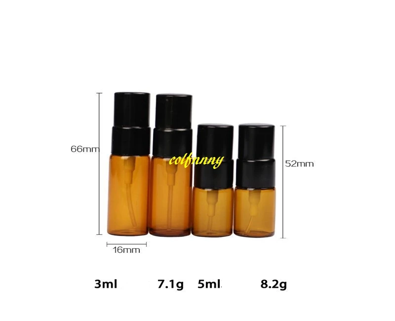 

200pcs/lot 16MM diameter 3ml 5ml amber spray bottle Empty Essential oil Perfume bottle glass brown spray bottles