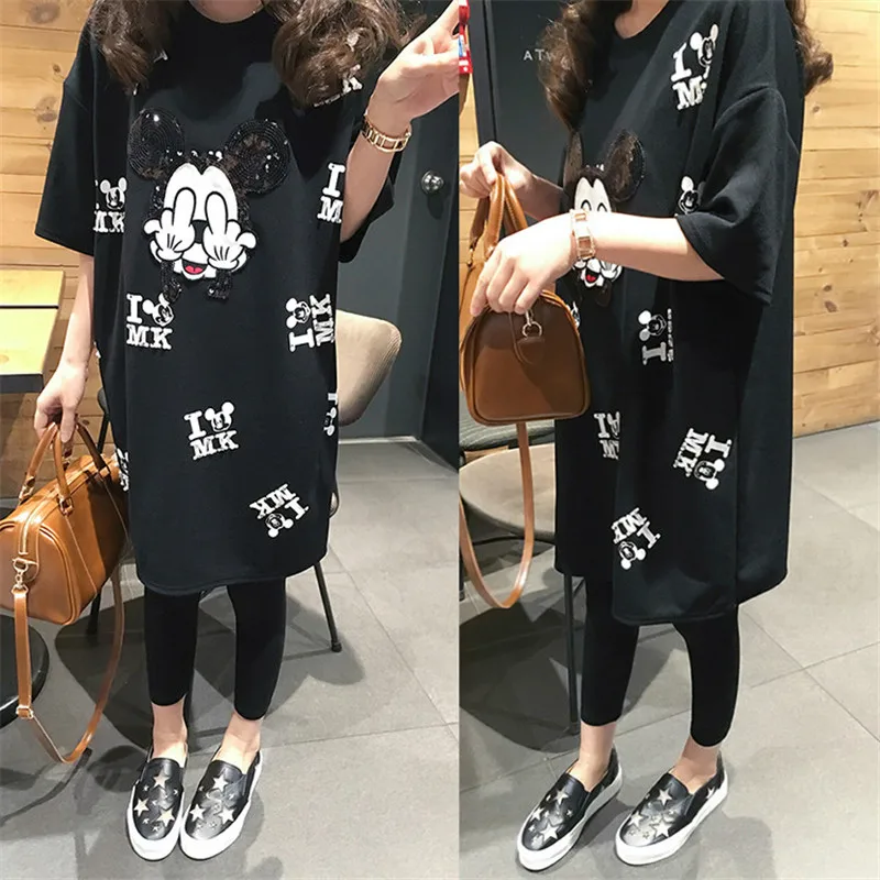 Maternity Clothings Pregnant Women Mouse Cartoon Printing Short Sleeve Dress Clothing Mommy Summer Tshirt Black Plus Size XL-4XL