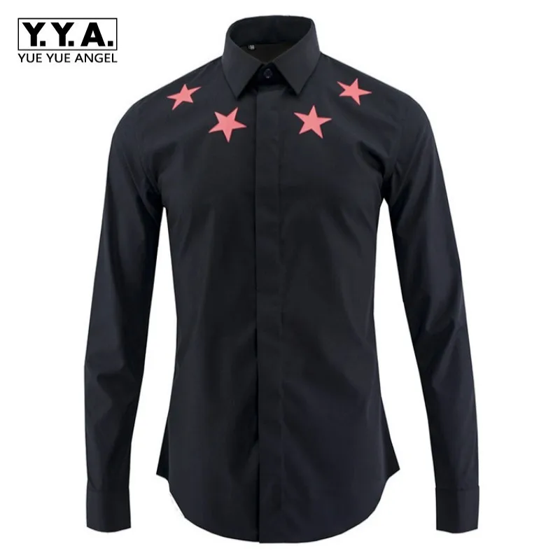 

Brand 2019 Men Black Star Printd Casual Shirt Large Size Wedding Party Long Sleeved Lapel Collar Work Shirts Slim Fit Male Tops