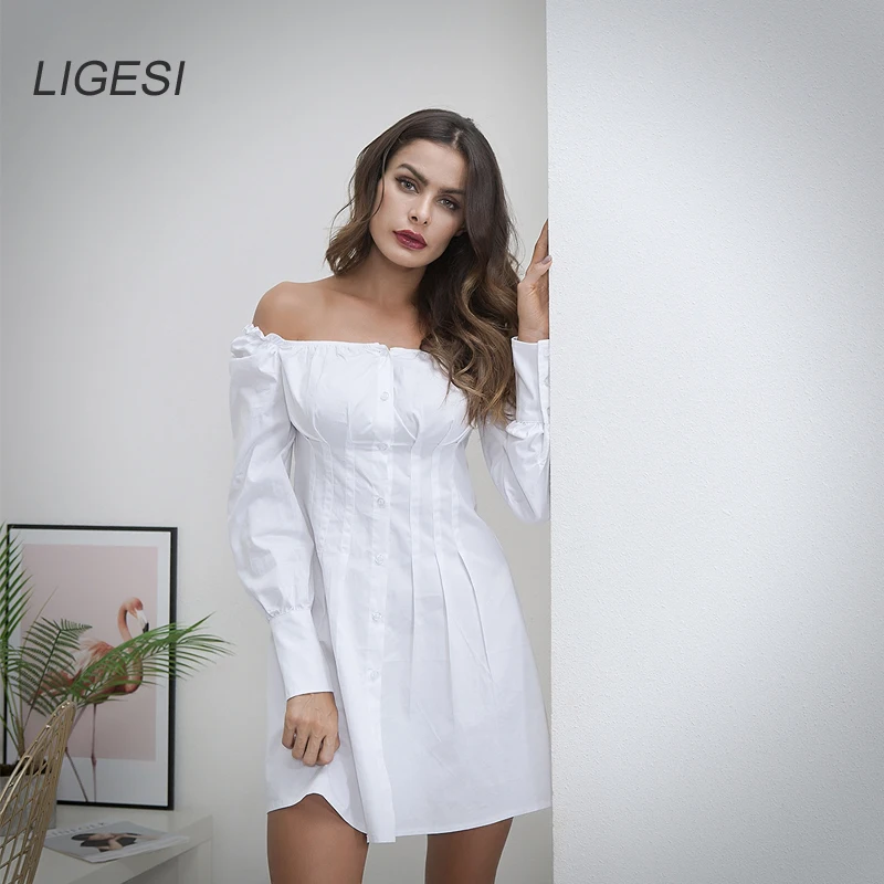 

2019 Autumn Women Fashion Sexy Elegant Bodycon Party Dresses Long Sleeve Cotton Buttons Off Shoulder Puff Sleeve Dress White