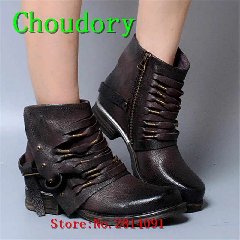 Choudory Solid Metal Decoration Ankle Boots For Women Zipper Genuine Leather Winter Shoes Women Narrow Band MartinPlatform Shoes