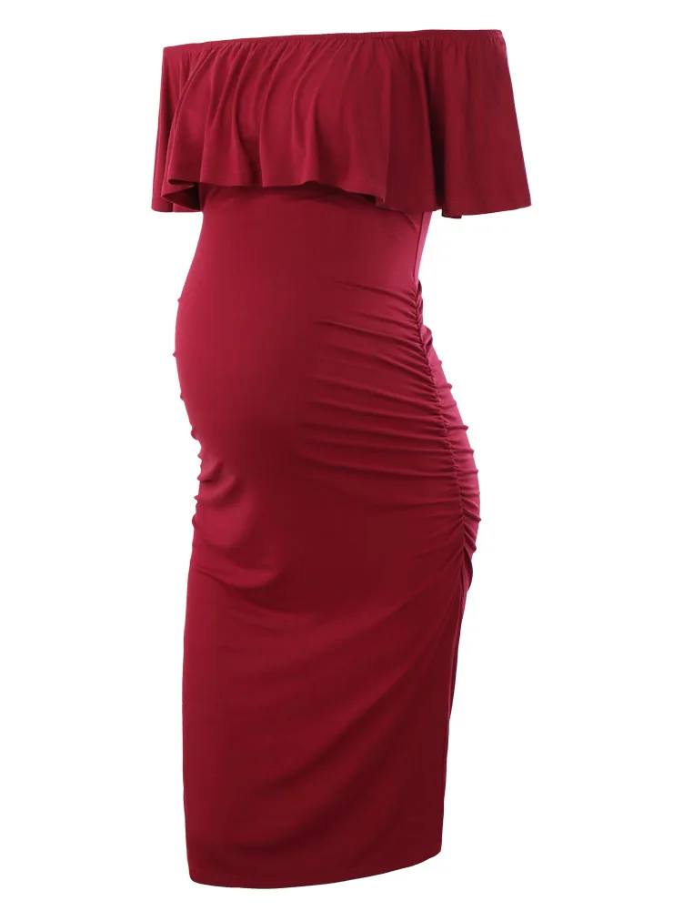 Женское платье с рюшами и открытыми плечами для беременных, женское платье с оборками, Одежда для беременных с рюшами по бокам, облегающее Платье До Колена - Цвет: wine