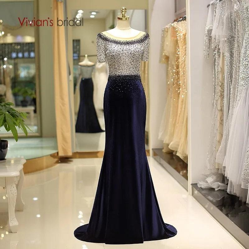 Long sleeve navy blue velvet gown with sequins
