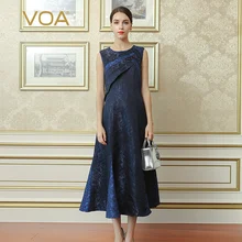 Jacquard de Seda de VOA 2017 Otoño de Moda de Lujo Que Rebordea Sin Mangas Vestidos de Las Mujeres Más El Tamaño de Color Azul Marino Vestido de Fiesta Delgado ALX13201