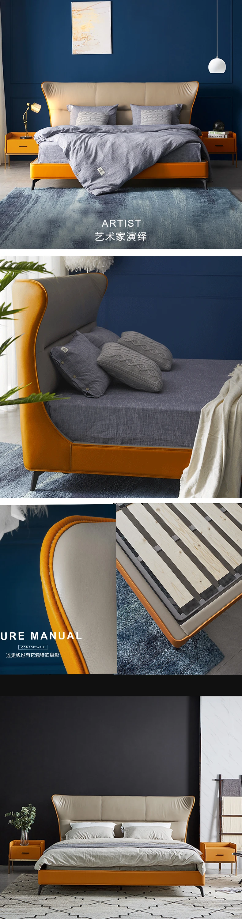 Итальянская дизайнерская кожаная кровать размера king queen с металлическими ножками квадратная кровать для мебели для спальни