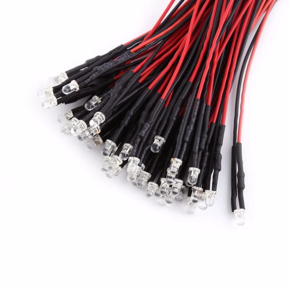

50pcs/set Pre Wired DC 9-12V 3 5 10mm Water Clear LED Diodes White Red Light