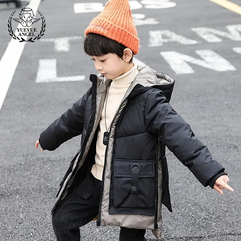 

2019 Winter Childrens Clothing Boys Parkas Coat Student Fake Two Piece Cotton Overcoat Long Jacket Boy Hooded Warm Baby Outwear