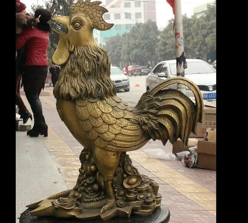 

671116574+++18" China Fengshui Brass Monry Rich Yuanbao Rooster Cock Animal Wealth Statue