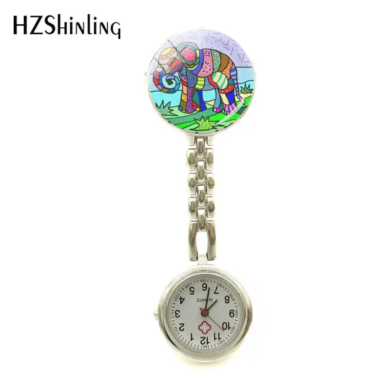 

2018 New Colorful Art Elephant Nurses Watch Animal Paintings Nurse Watches Glass Handmade Jewelry Round Watch Clip-on