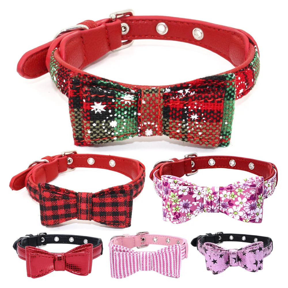 

Double Layer Cloth Bowknot Christmas Pet Dog Collar Dog Bow Tie Microfiber Cat dog chain for Pug Chihuahua dog supplies