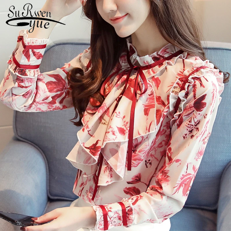 

Fashion women blouses 2019 spring Elegant print chiffon blouse shirt long sleeve women shirts womens tops and blouses 2542 50