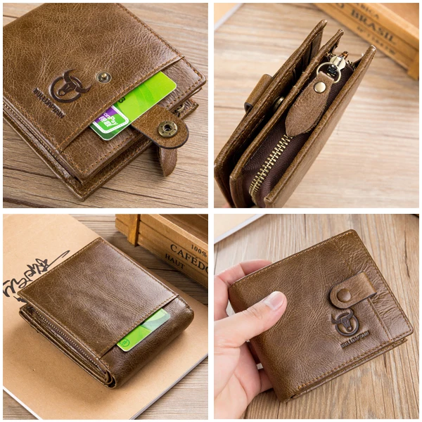 Bullcaptain Men Cowhide 9 Card Slots Zipper Coin Bag Wallet