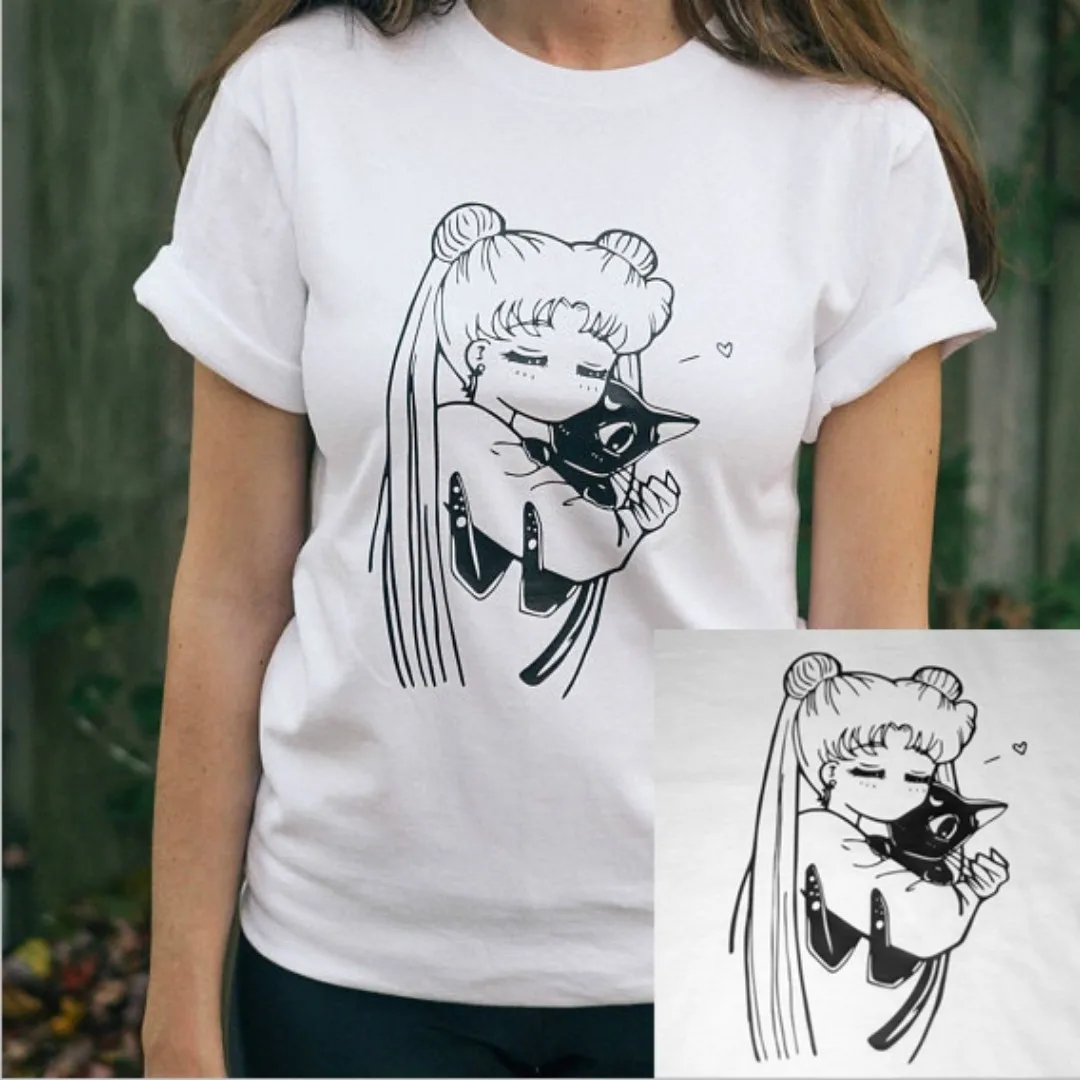Забавная японская футболка Сейлор Мун с котом Kawaii для женщин 2018 летняя размера