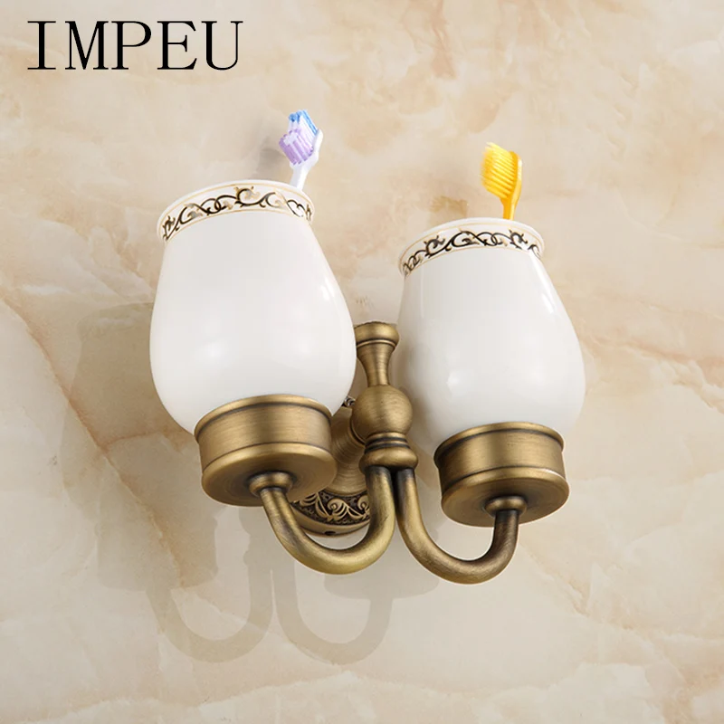Toothbrush Cup Double Cups for Tooth Brush and Toothpaste Hotel Bathroom Collection Solid Brass / Ceramic Material Antique Bronze finishes