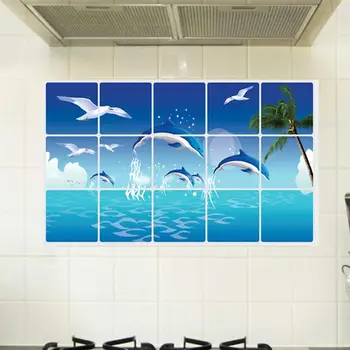 OUNONA Dolphin Kitchen Stickers Anti Oil Paste Waterproof Removable Bathroom Wall Stickers Decals Wallpaper Home Decoration