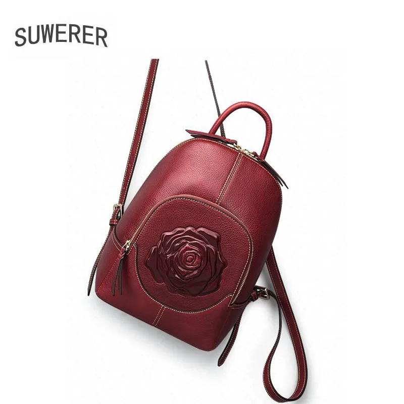 

SUWERER new Genuine Leather backpack women luxury backpack women bags rose embossed designer bags women backpack fashion bag