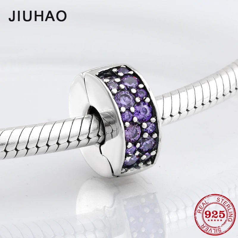 

New 925 Sterling Silver fashion round shape clips Lock purple CZ beads Fit Original Pandora Charm Bracelet Jewelry making