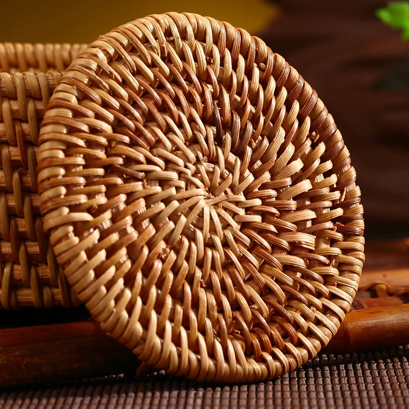 Rattan tea cup mats coaster drink table mat set round handmade kungfu