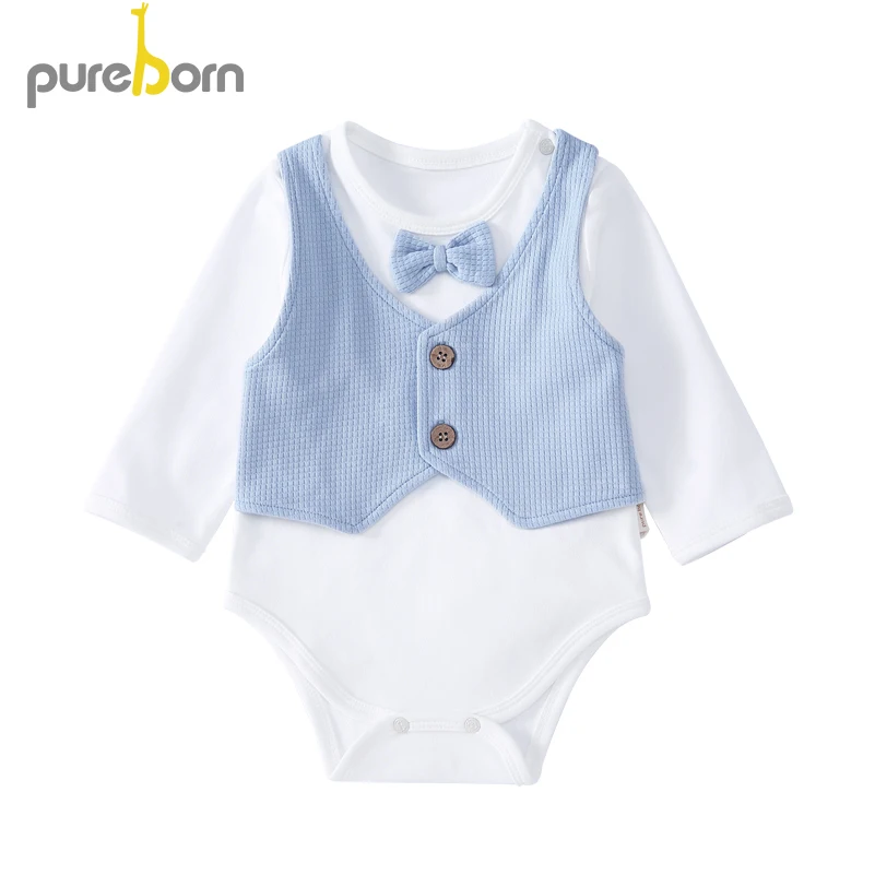 Pureborn/Боди для новорожденных; джентльменская одежда с галстуком-бабочкой для маленьких мальчиков; летние костюмы с длинными рукавами