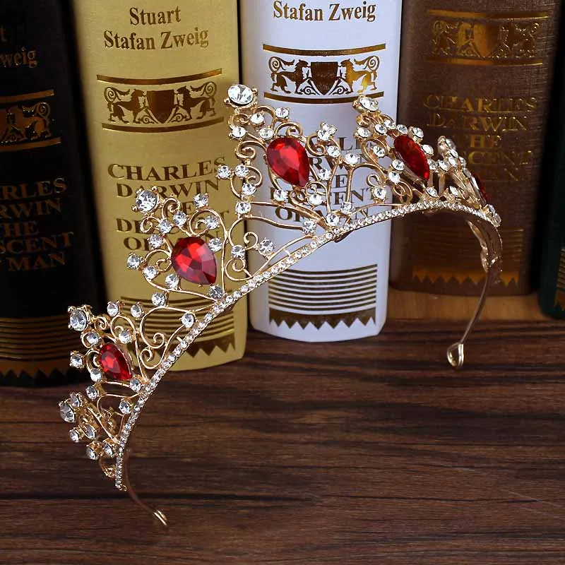 Винтажная свадебная диадема в европейском стиле, украшенная красными кристаллами и жемчугом, диадема принцессы для девочек, диадема, стразы, свадебная корона, украшения для волос - Окраска металла: tiara hairband