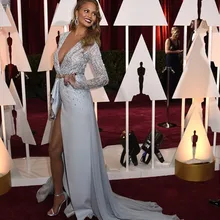 Oscar Chrissy Teigen прозрачные бисерные вечерние платья с длинными рукавами красный ковер с высоким разрезом платья знаменитостей модные платья для выпускного вечера