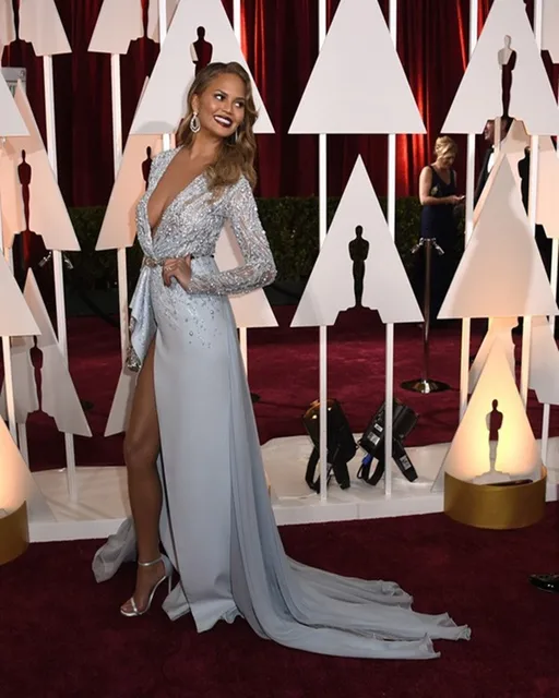 oscar chrissy teigen sheer manga larga con cuentas vestidos de noche
