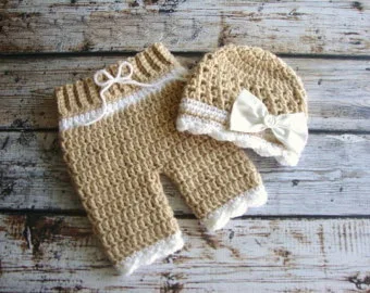 

Newborn Photo Prop - handmade crochet baby khaki bowknot Hat & Pants baby sets 100% cotton 0-3 month