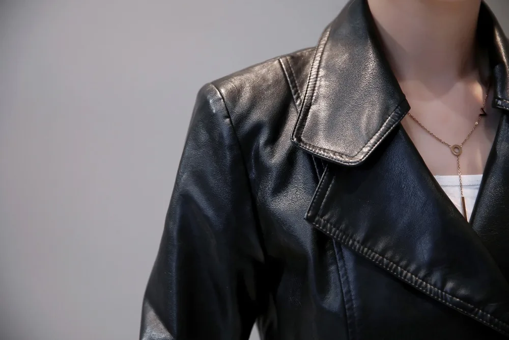 2018 осень-зима Босоножки из искусственной pu кожи Для женщин пояса мотоцикл пальто отложным воротником Длинные Искусственная кожа куртка