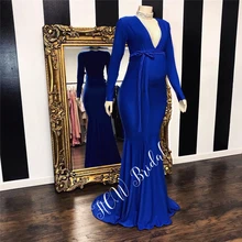 Элегантный насыщенного синего цвета с длинными рукавами для беременных женское вечернее платье длиной до пола с v-образным вырезом Русалка новые платья для выпускного вечера vestido de festa