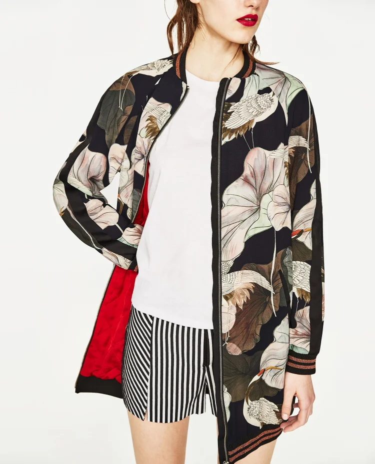En Surdimensionné Imprimé Femme Genou longueur Rond Blouson Wishbop Poignets Manches Frontal Fixation Extensibles Col Longues Nouveau 2017 Zip 4AqEwvx