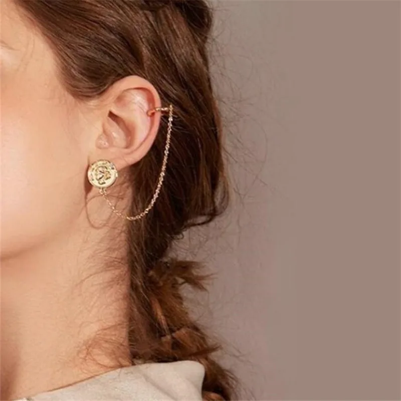 

2019 New Fashion Tassel Chain Coin Avatar Earrings For Women Punk Style Ear Cuff Clip Earrings Female Jewelry 1PC