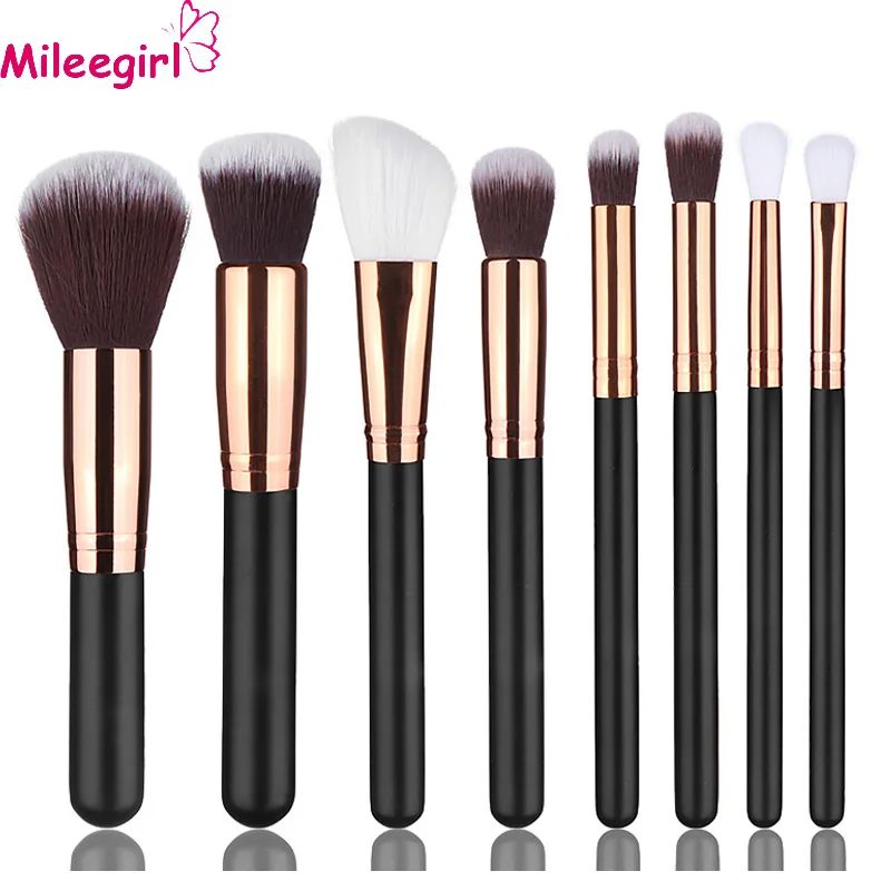 

Mileegirl 8Pcs/Set Professional Makeup Brushes Black/Rose Gold Wood Foundation Powder Eyebrow Makeup Tools Cosmetic Brush Set