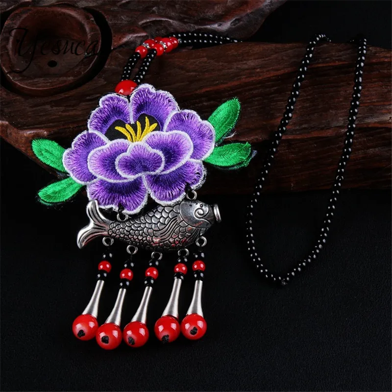 

Dropshipping Necklace Beads Chain Choker Statement Necklaces Women Collar Large Flower Embroidery Sillver Fish Tassel Jewelry