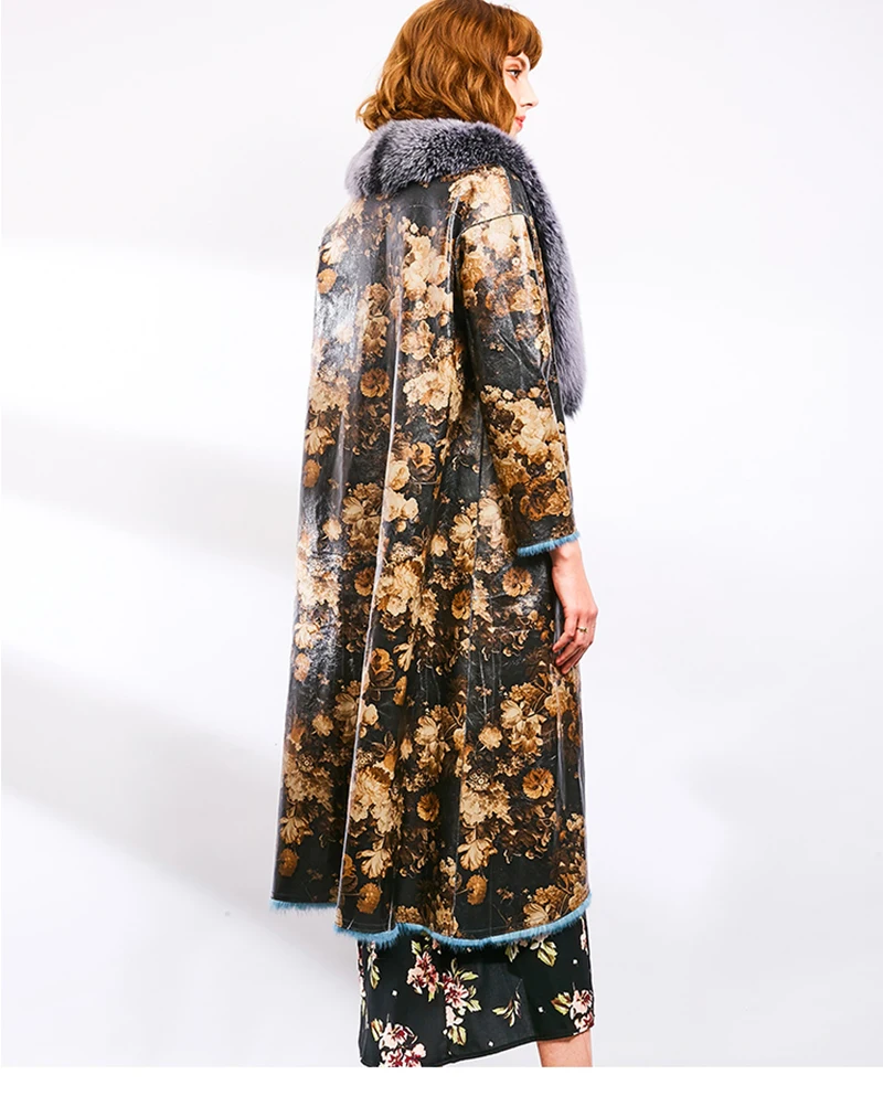 М. y. fansty 2017 импорт норковая шуба с меховым воротником женщина натуральный мех пальто с длинным рукавом X-длинный тонкий с цветочным принтом