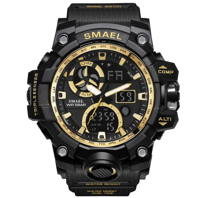 SMAEL, спортивные часы для мужчин, водонепроницаемый светодиодный, цифровые часы, мужские наручные часы, 1545C, большие мужские часы, военные, montre homme - Цвет: Black Gold