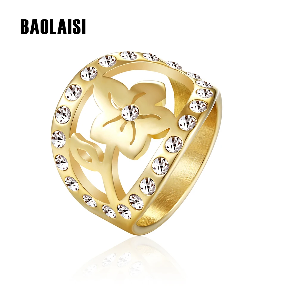 

BAOLAISI Flowers Crystal New Ring Stainless Steel Women Rings Gold-Color Party Ring Wedding Fashion Jewelry Valentine's Gift