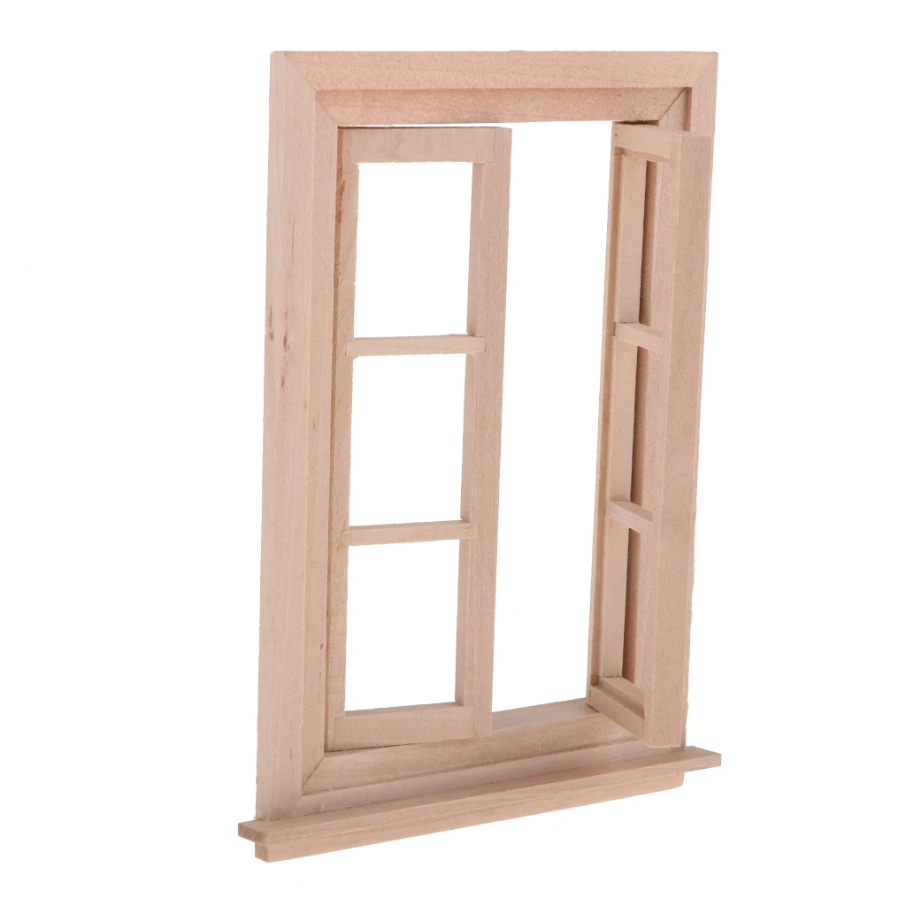 2 Set Unpainted 1/12 Dolls House Miniature Wooden Movable 6 Pane Double Window Model DIY Accessories Collections
