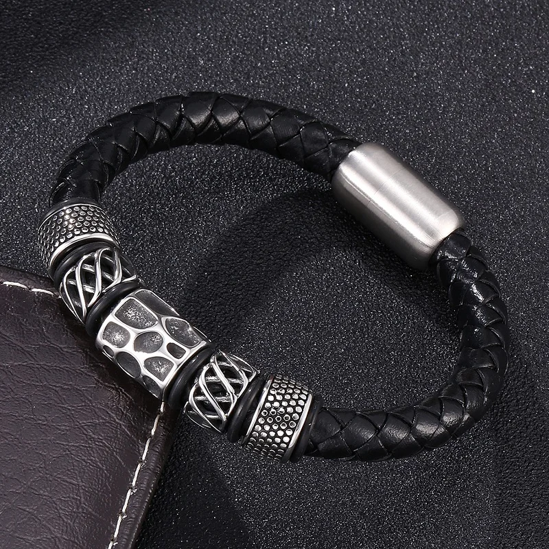 

Stainless Steel Fashion Charms Beads Bangles Men Braided Bracelets 8 mm Genuine Leather Magnet Clasp Bracelet Jewelry Gifts 0090