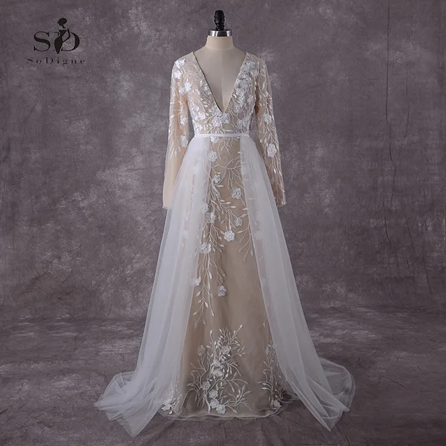 Кружевное свадебное платье с длинными рукавами цвета шампанского, винтажное романтическое свадебное платье со съемным шлейфом