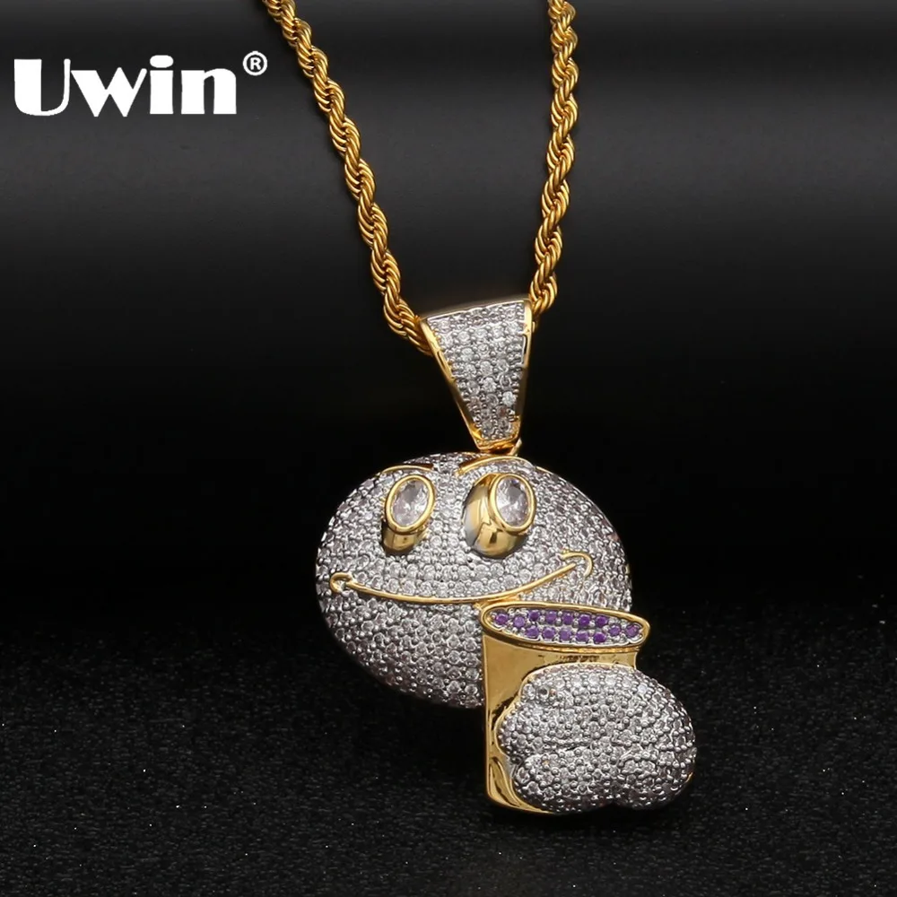 

Uwin Cute Emoji Face With Cup Necklace Full Bling Bling Cubic Zircon Pendant Double Color Plating Fashion Jewelry Drop Shipping