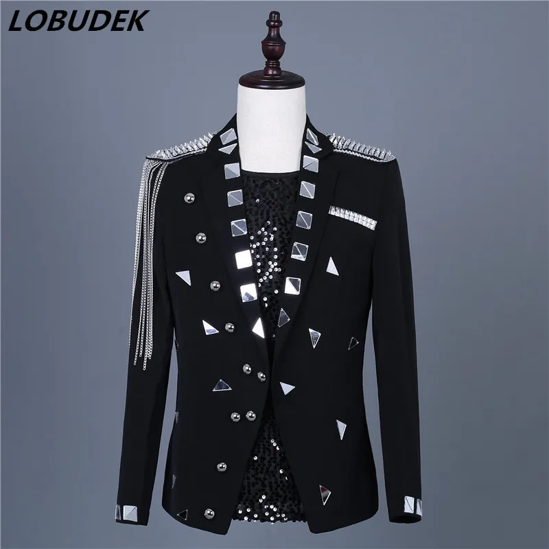 

Men's Silver Black Mirrors Rivet Jacket Chain Tassels Coat Singer Dancer Stage Tuxedo Nightclub Host Performance Costume Blazer