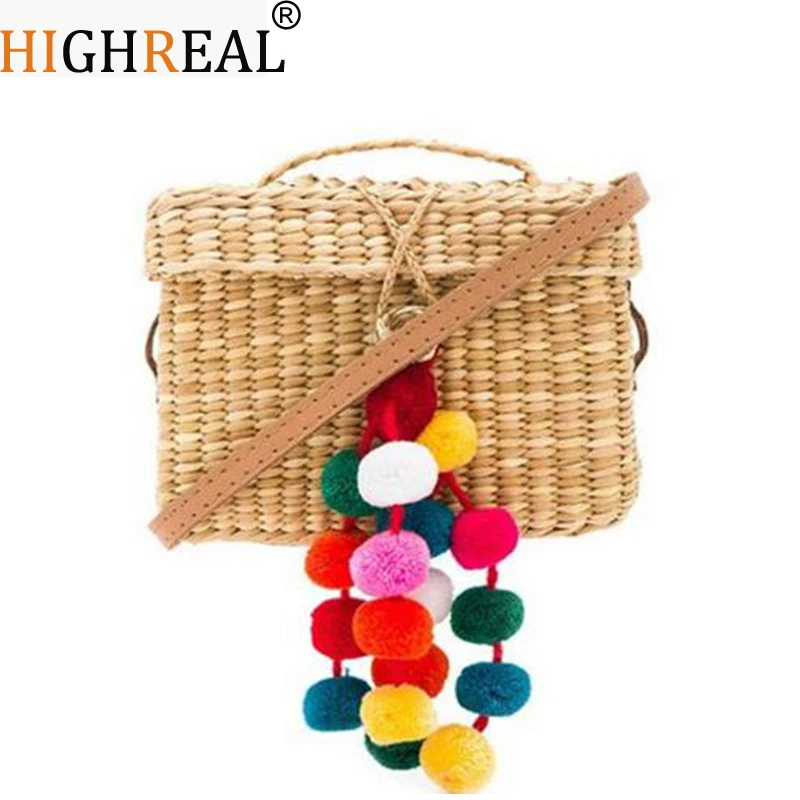 Summer Travel Handbags Retro Basket Bag LeisureTote Hair Ball Beach Bag for Women Handmade Pompom Straw