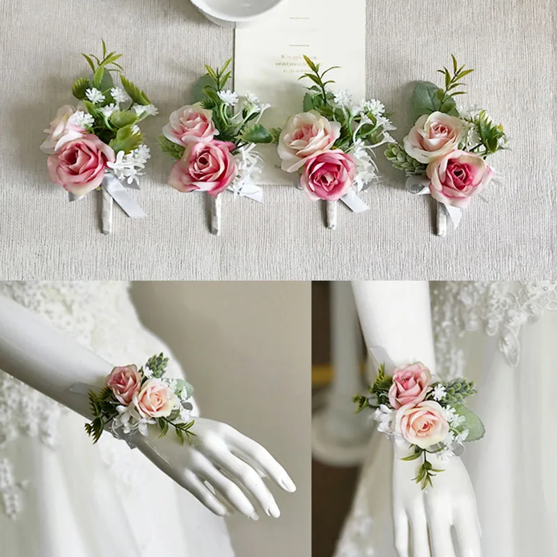 bride wrist corsage wedding flower  Groom Groomsman boutonniere Brooches rose artificial flower (1)