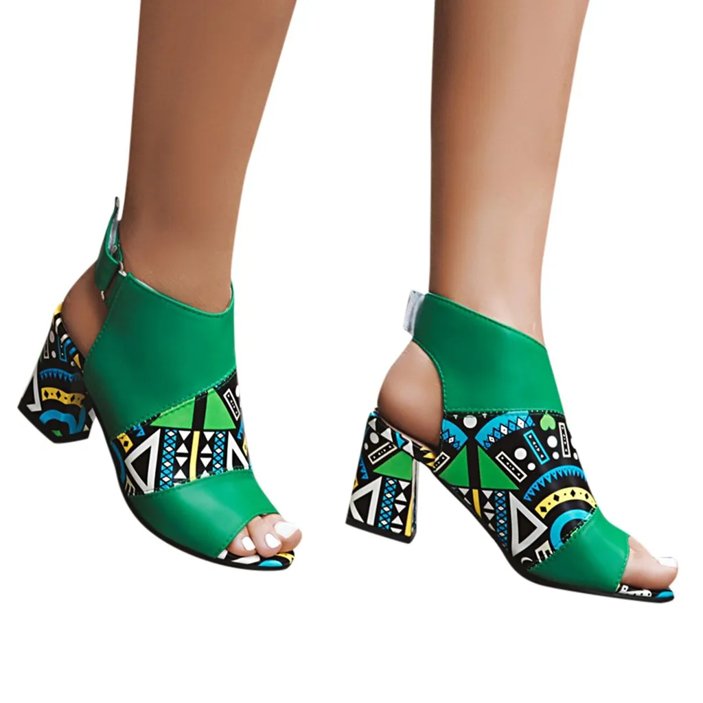 

Women High Heels Summer sandalia feminina Matching Fish Mouth Buckle Middle Heel Sandals Casual Shoes Green Peep Toe Beach Shoes