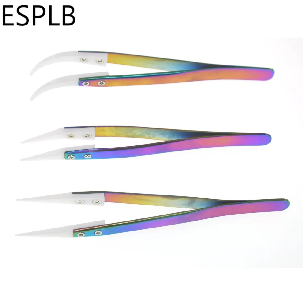 ESPLB Regenboog Keramische Pincet Rvs Sigaret Hittebestendige Antistatische Plating Precisie Rechte Gebogen Pincet