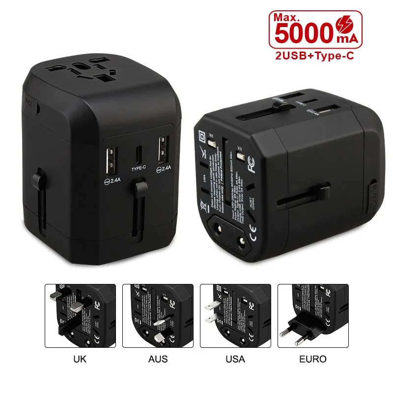 

Type-C Universal Travel Adapter with Plug socket charger EU US UK AU Plug Dual 6A fuses 100-250V 165C