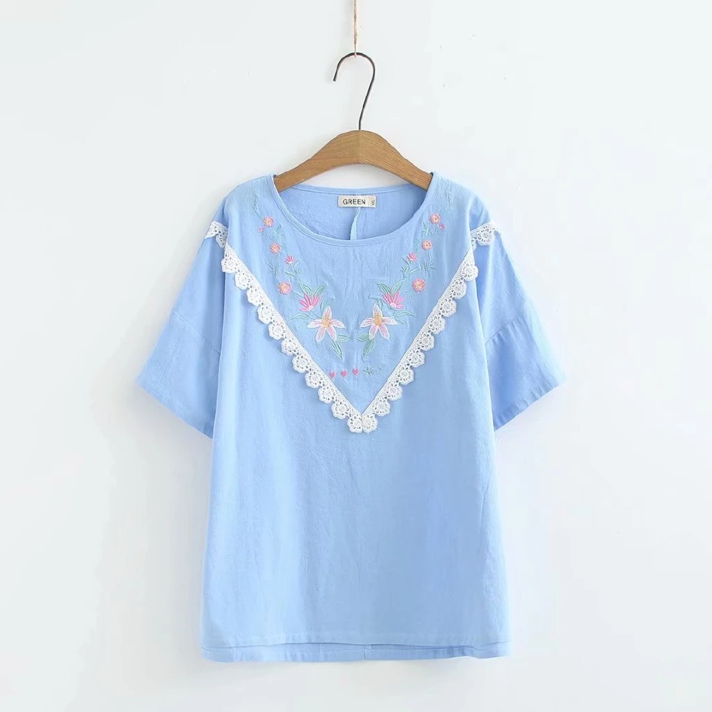 

Plus Size Women Korean Floral Embroidery T-shirt Short Sleeve Summer Tops