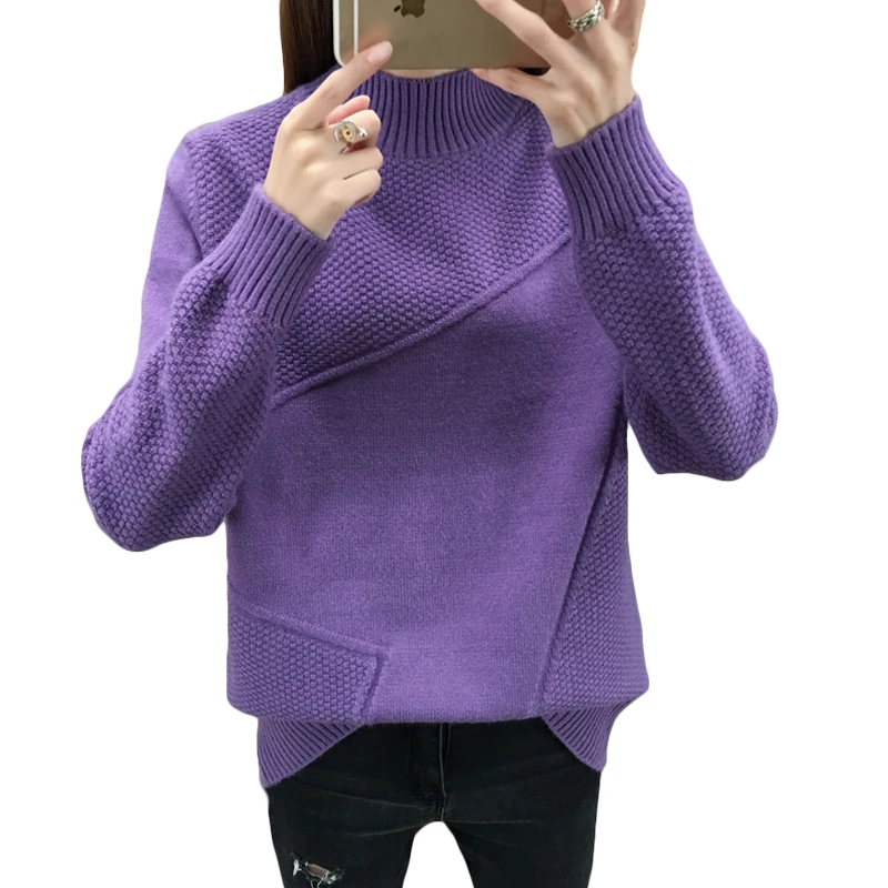 Новое поступление, зима, корейская модная одежда, Женские повседневные пуловеры, вязанные свободные топы с высоким воротом, толстый фиолетовый свитер D659